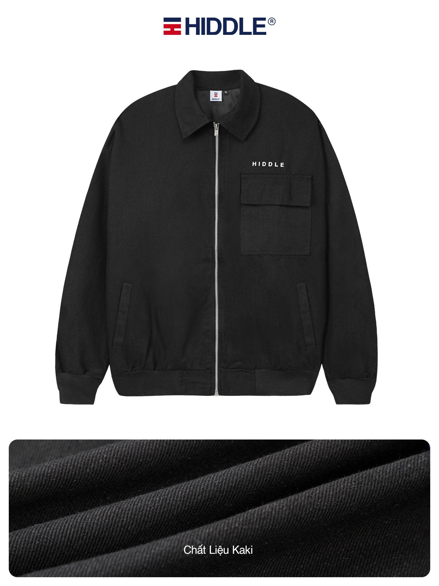 Black jacket with Hiddle logo on a white background