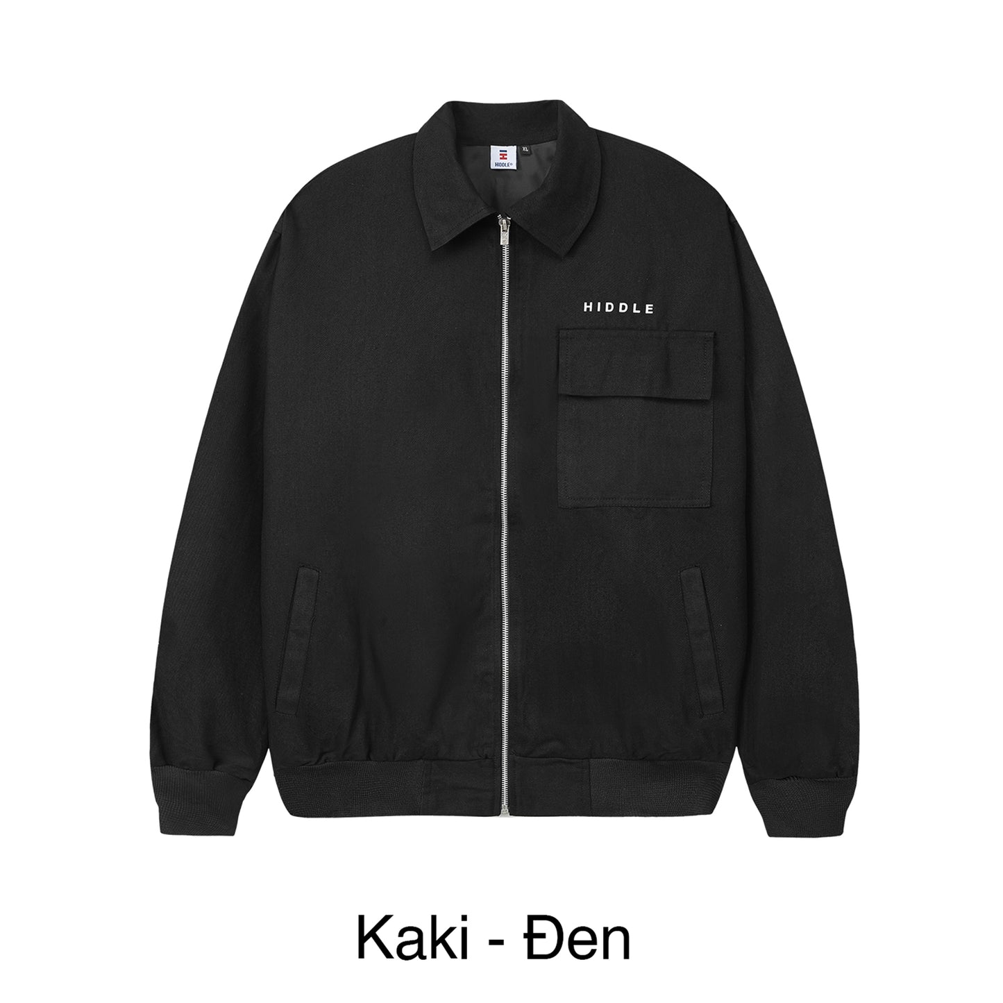 Black jacket with 'Hiddle' branding on a white background