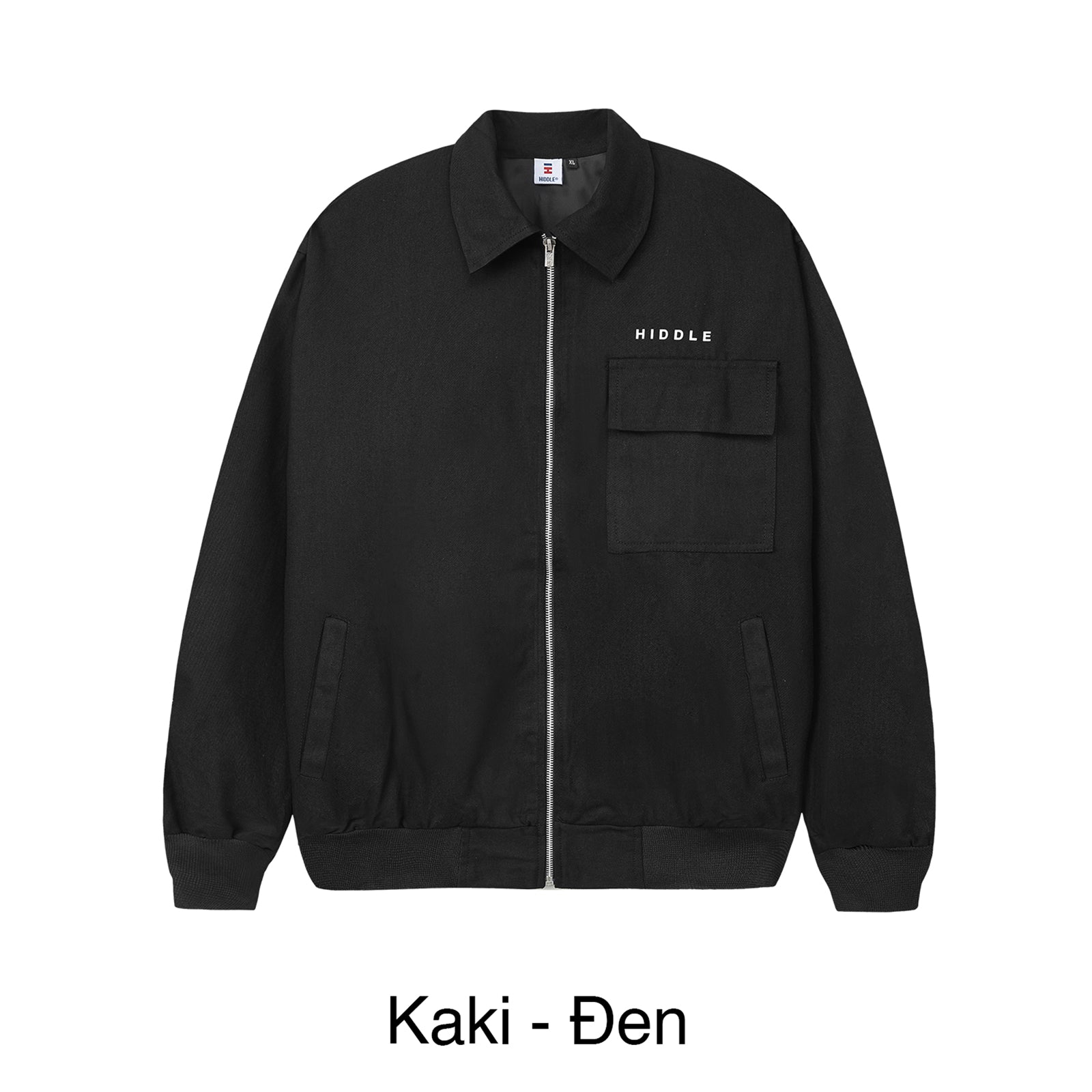 Black jacket with 'Hiddle' branding on a white background