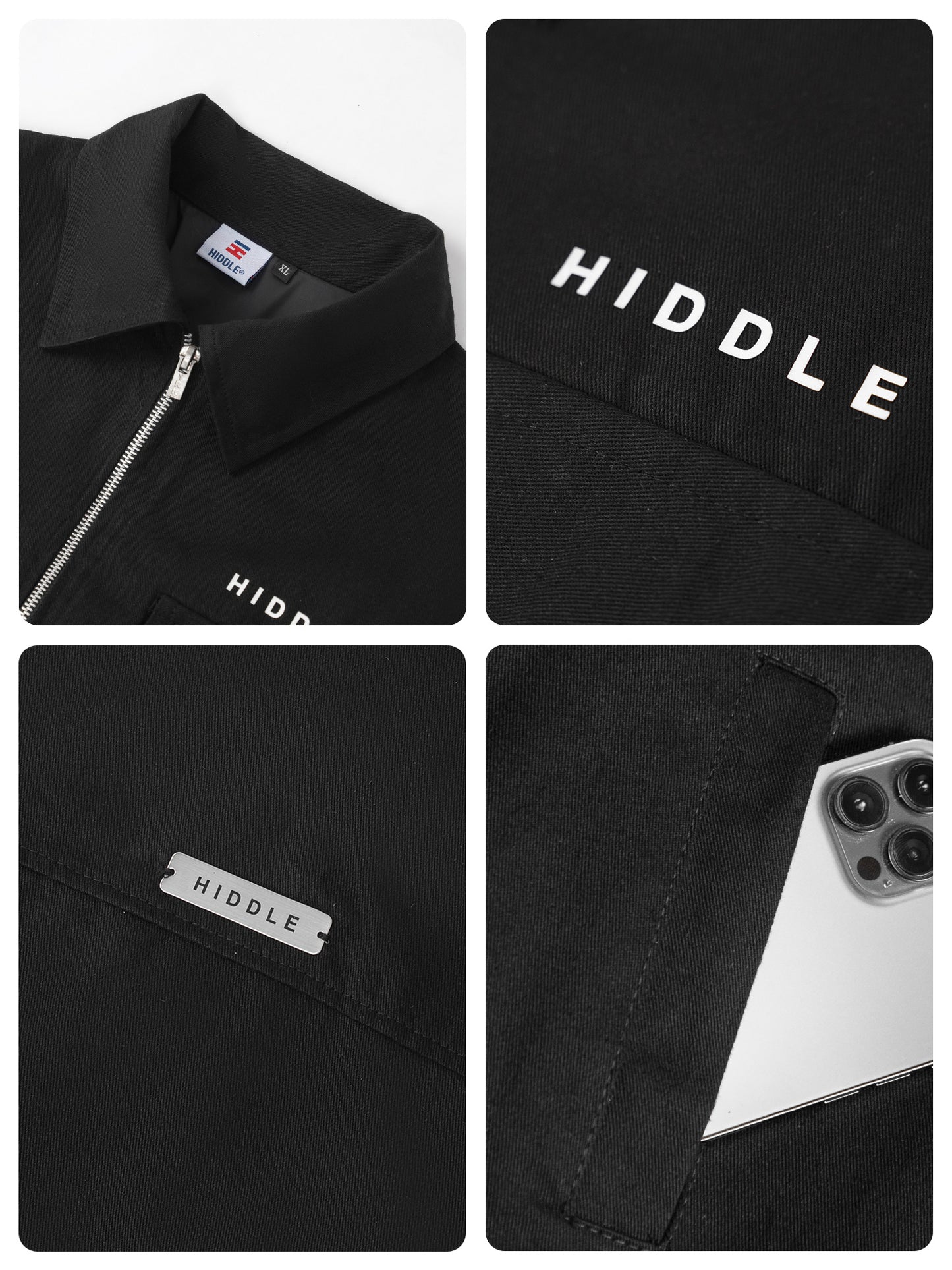 Black jacket with 'Hiddle' branding on a white background