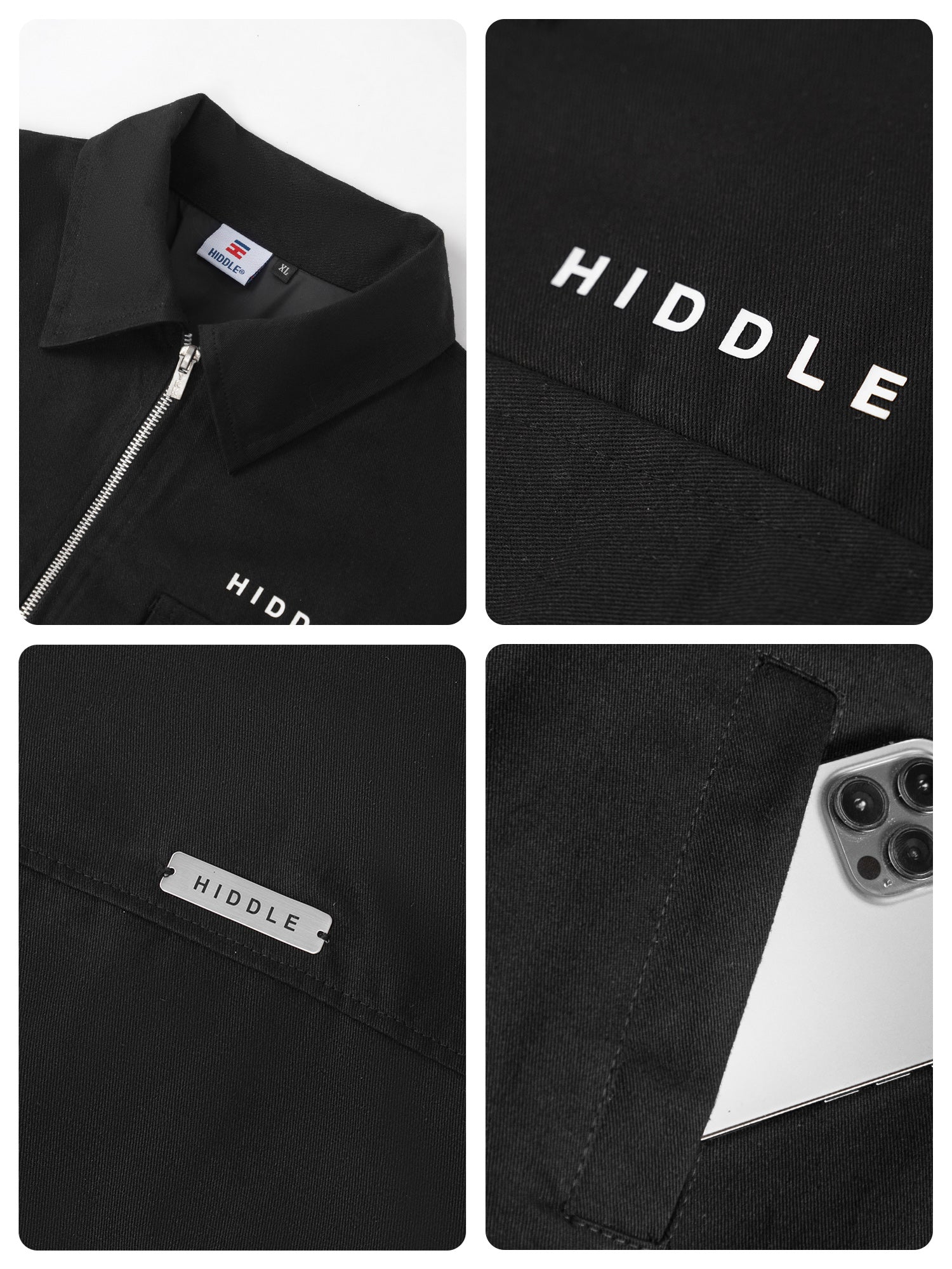 Black jacket with 'Hiddle' branding on a white background