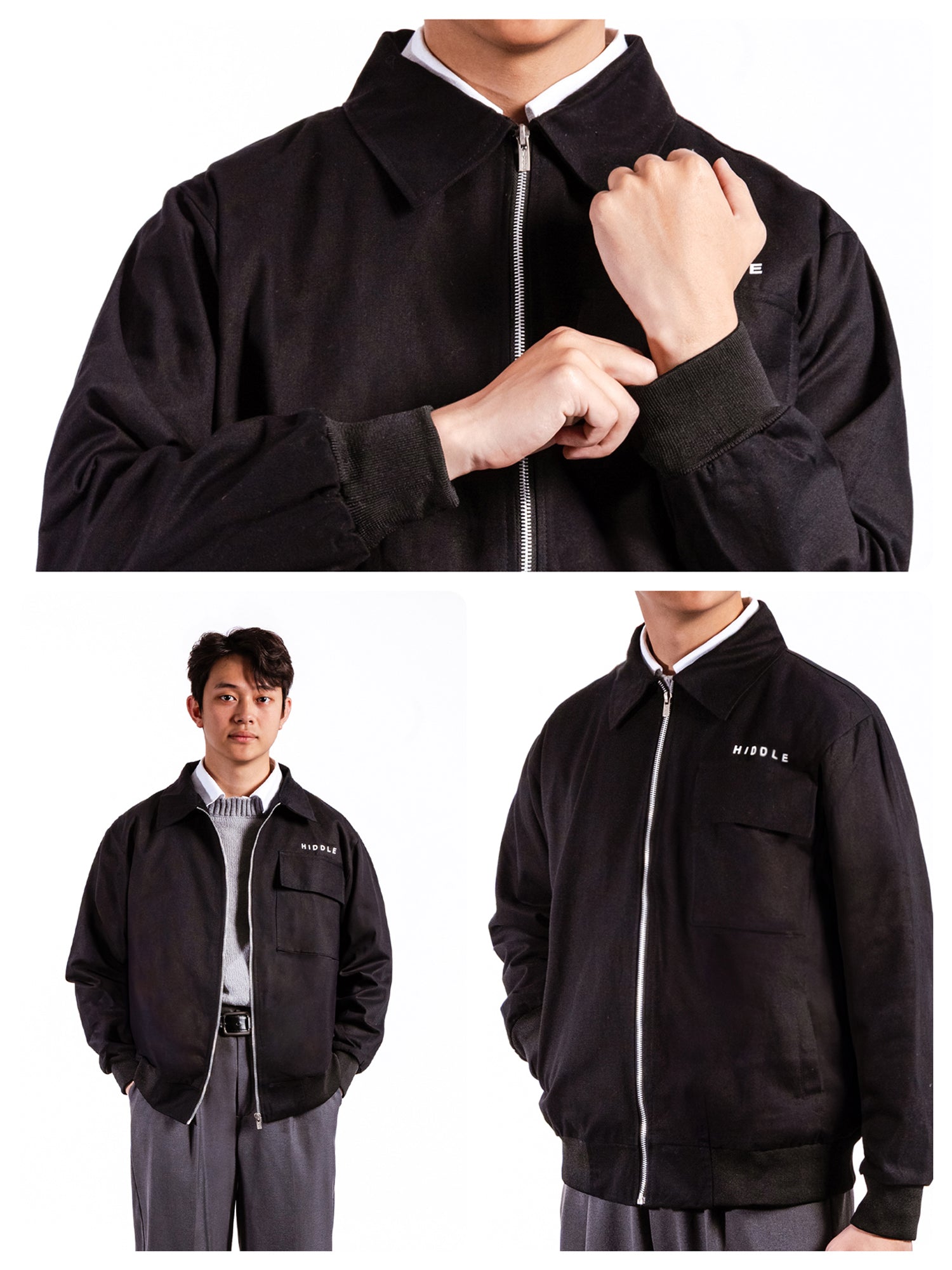 Black jacket with brand logo worn by a person on a white background