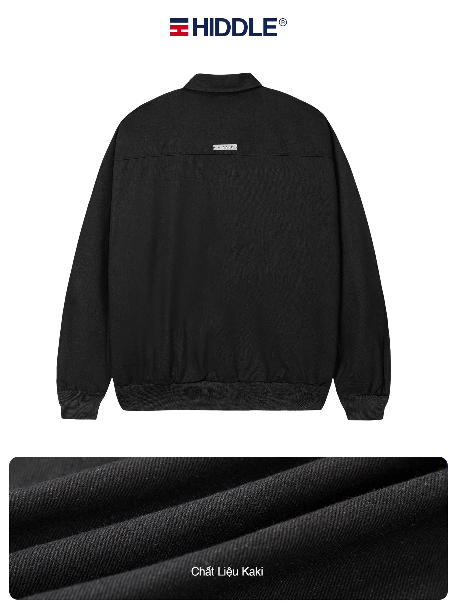 Black jacket with 'Hiddle' branding on a white background