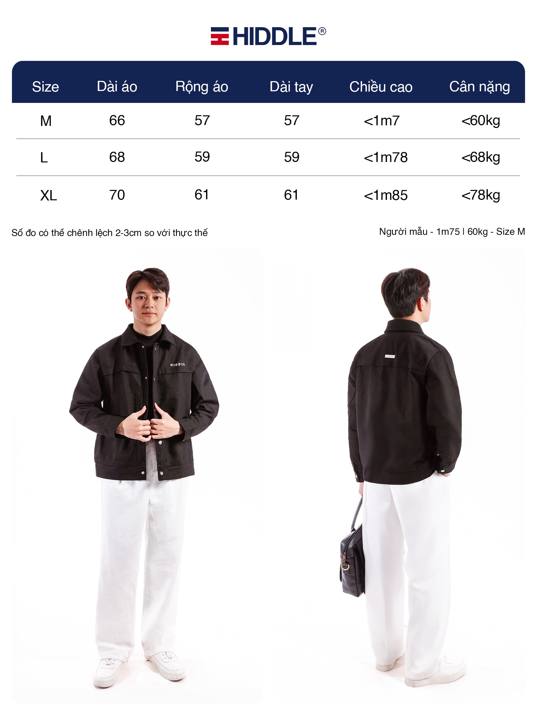 Size chart for a jacket with a model wearing the jacket in front and back views.