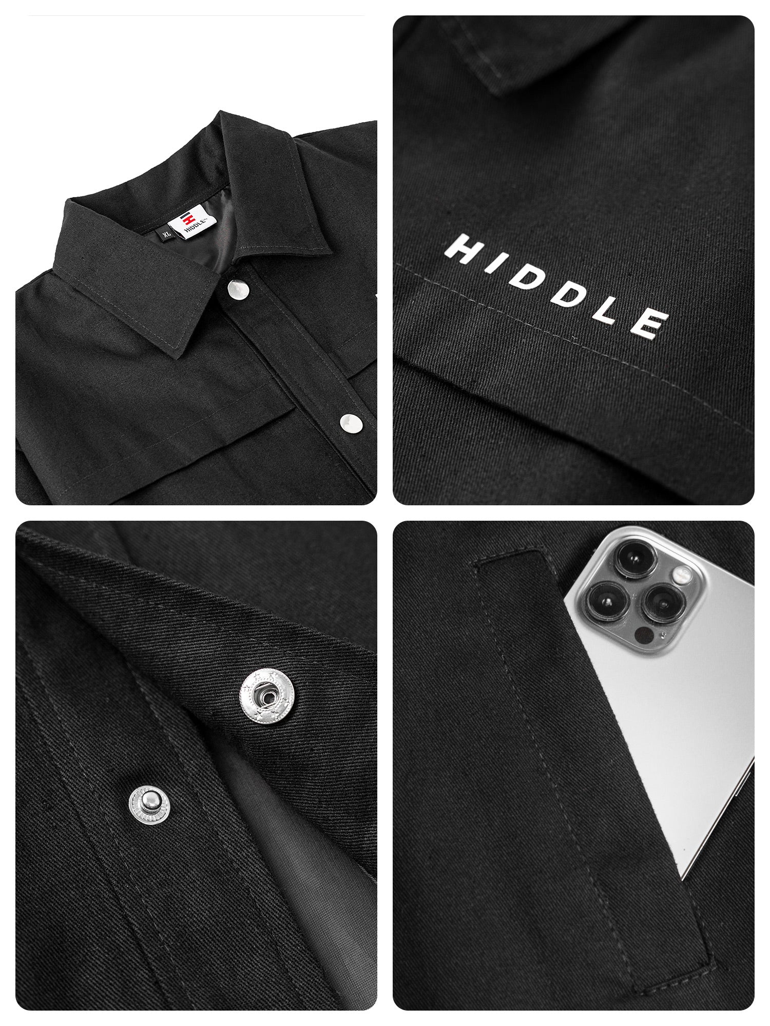 Black jacket with 'HIDDLE' branding, close-up details on collar, buttons, and pocket.