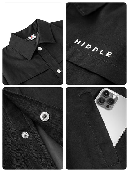 Black jacket with 'HIDDLE' branding, close-up details on collar, buttons, and pocket.