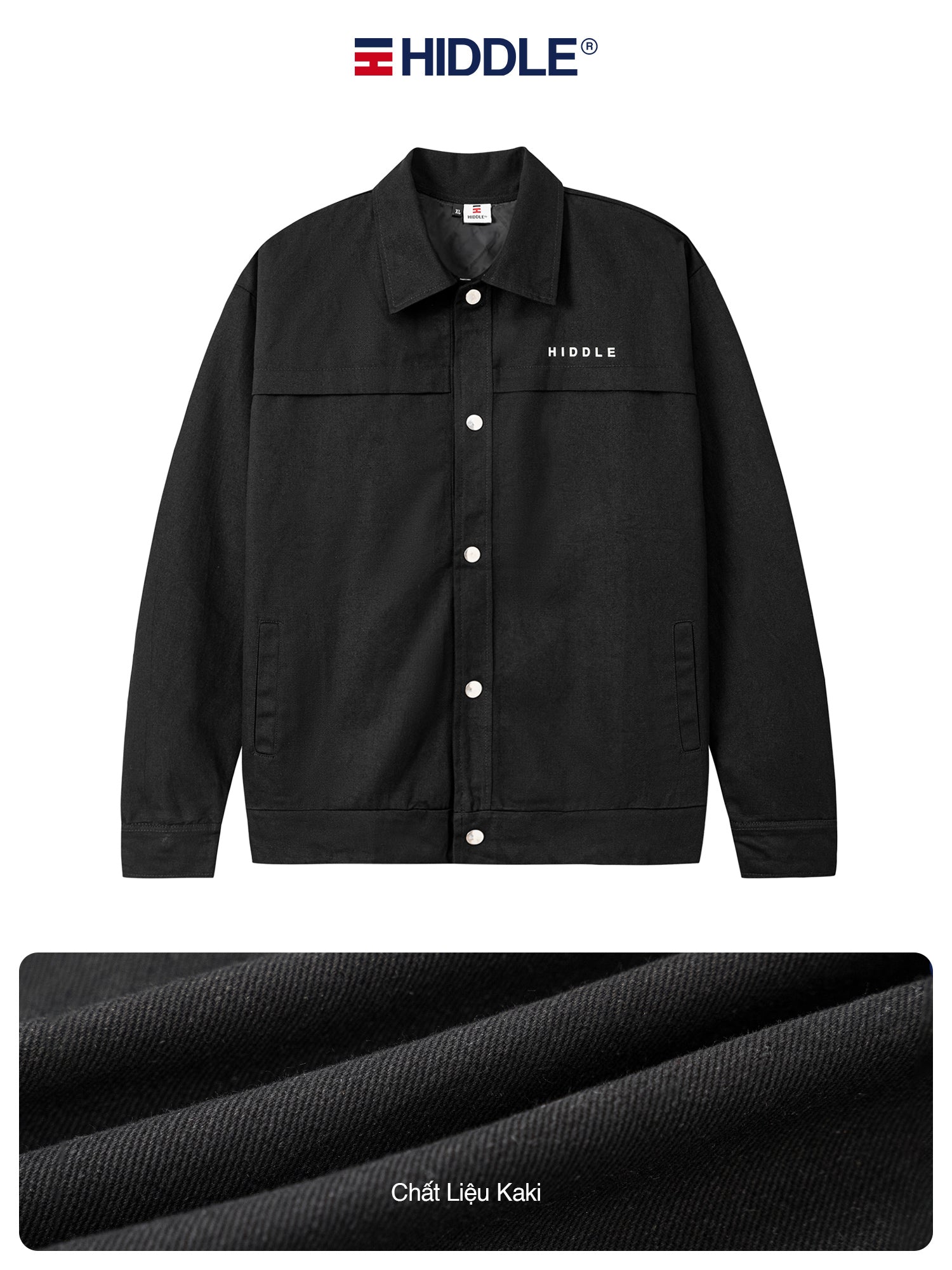 Black jacket with 'Hiddle' branding on a white background