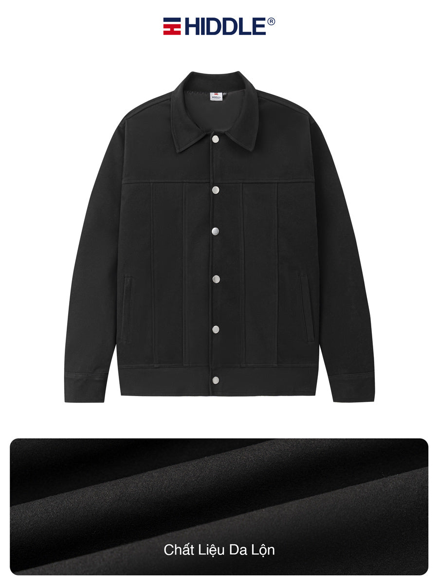 Black jacket with white buttons on a white background, featuring the Hiddle brand logo.