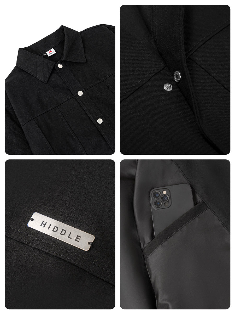 Collage of a black coat with close-up details and 'Hiddle' branding.