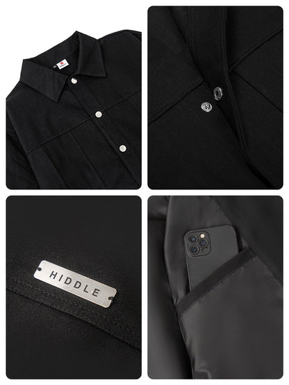 Collage of a black coat with close-up details and 'Hiddle' branding.