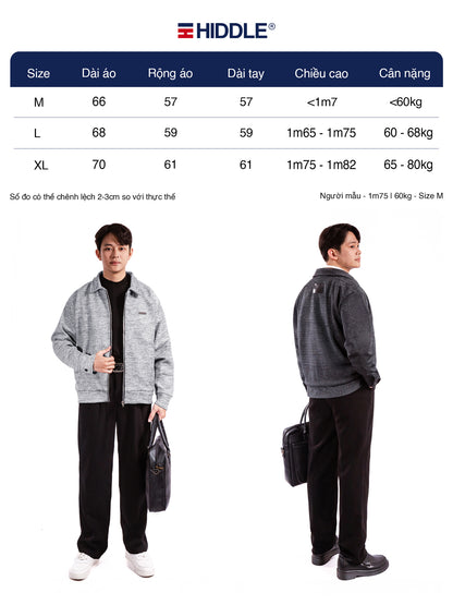 Size chart for a jacket with two models wearing the jacket, showing different sizes and measurements.