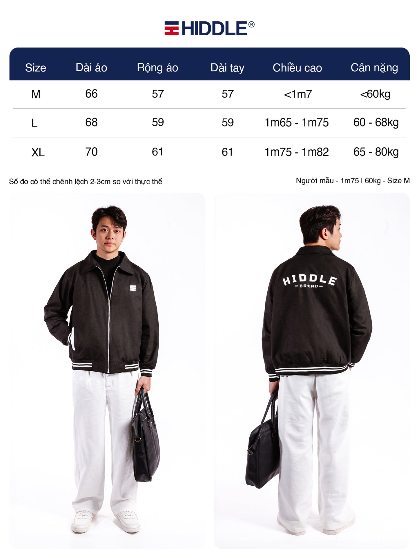 Hiddle jacket size chart with two models wearing the jacket.