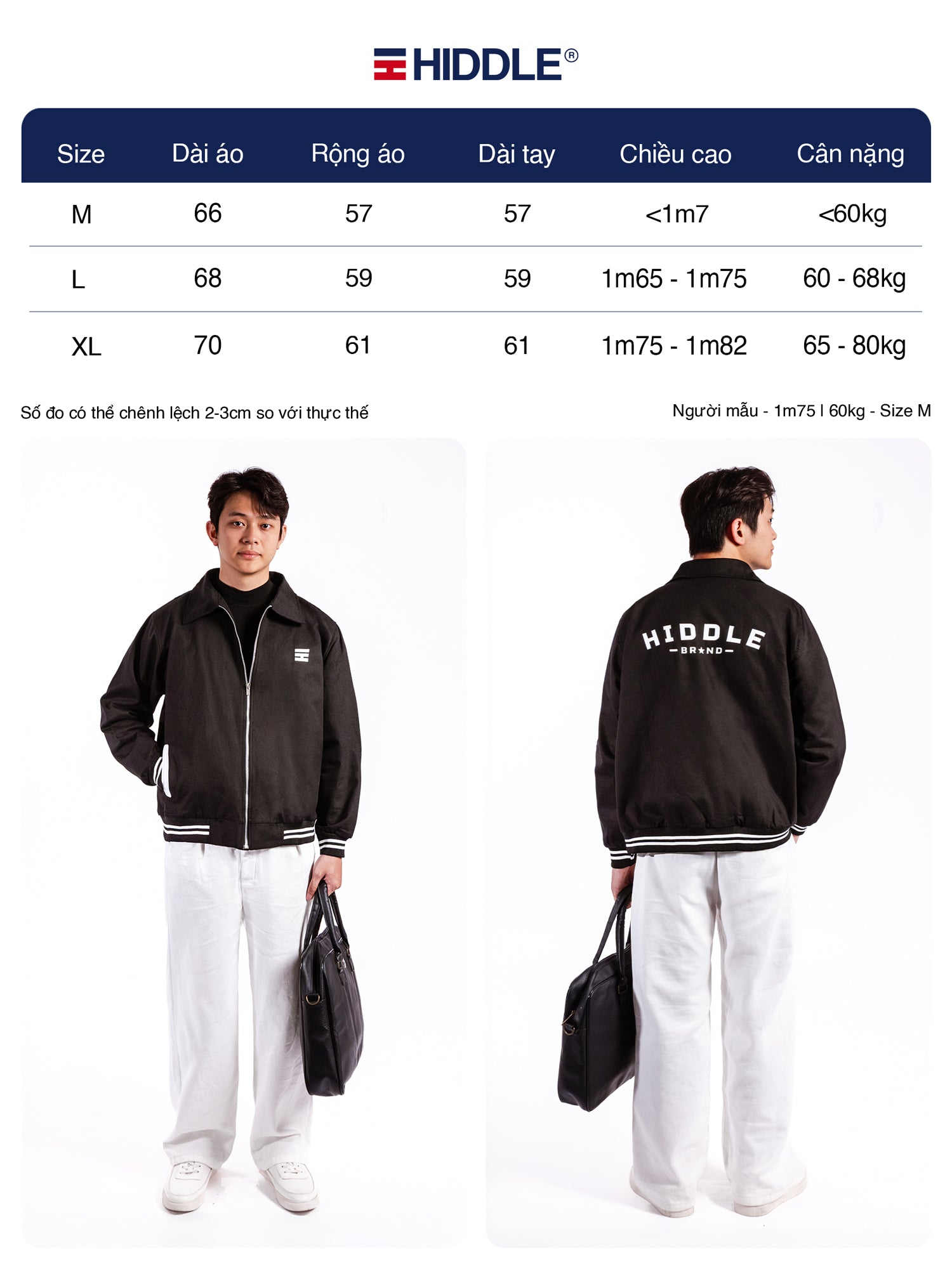 Hiddle jacket size chart with two models wearing the jacket.
