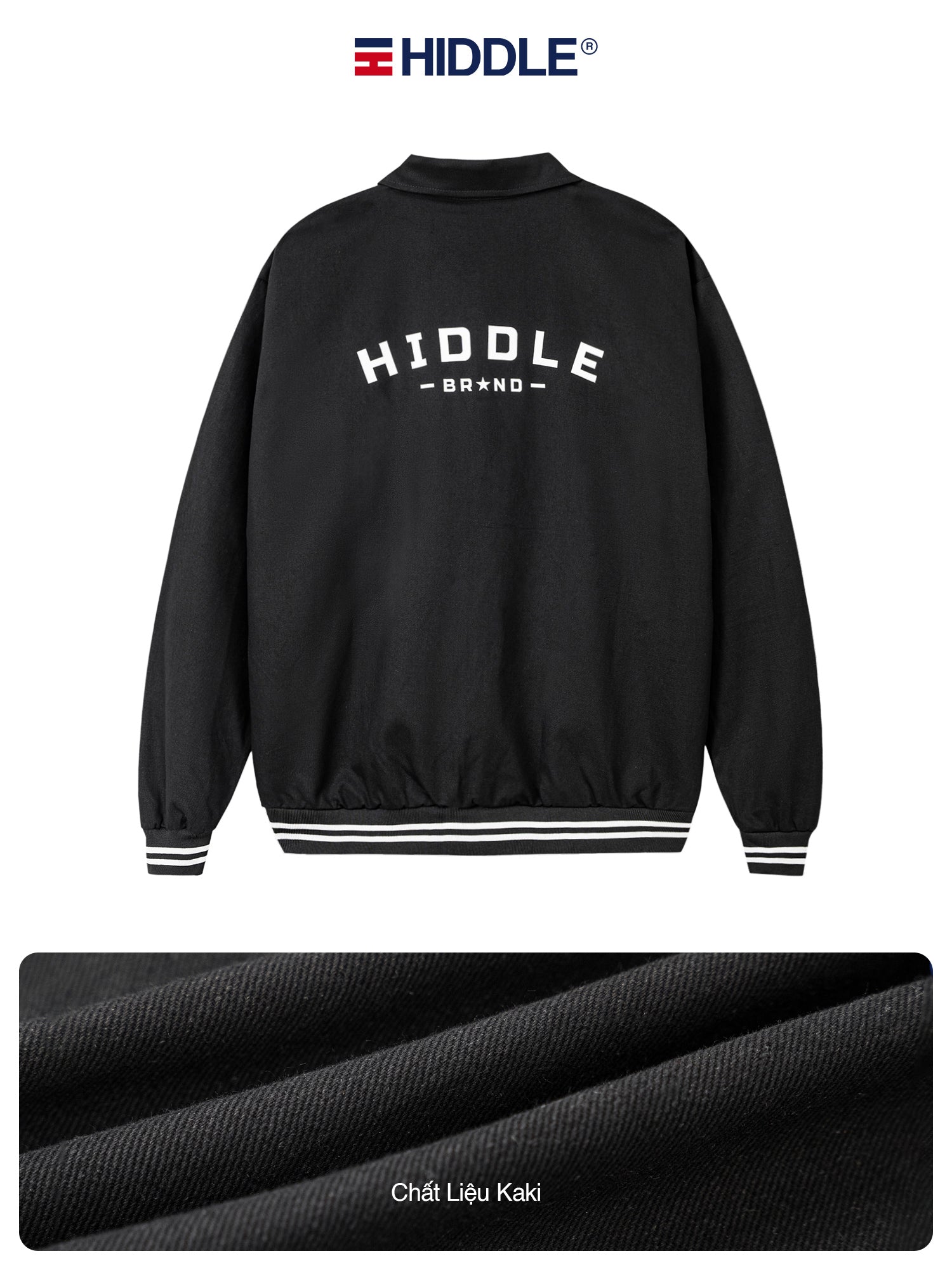 Black jacket with 'Hiddle Brand' logo on a white background