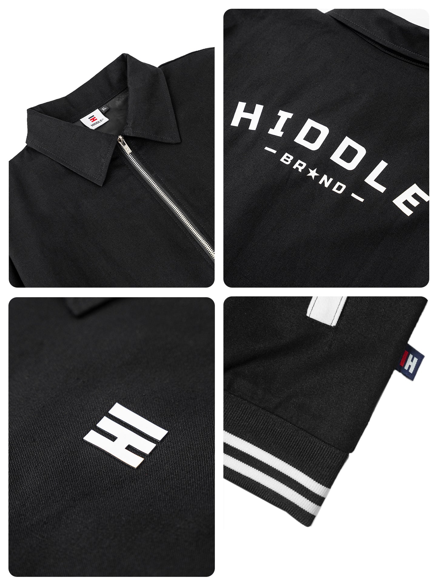 Black polo shirt with visible branding details on a white background