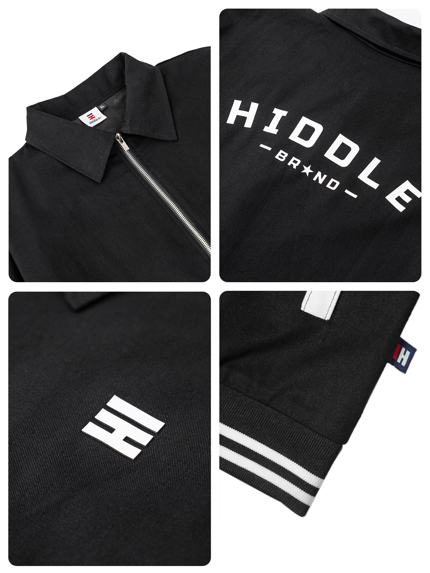 Black polo shirt with visible branding details on a white background