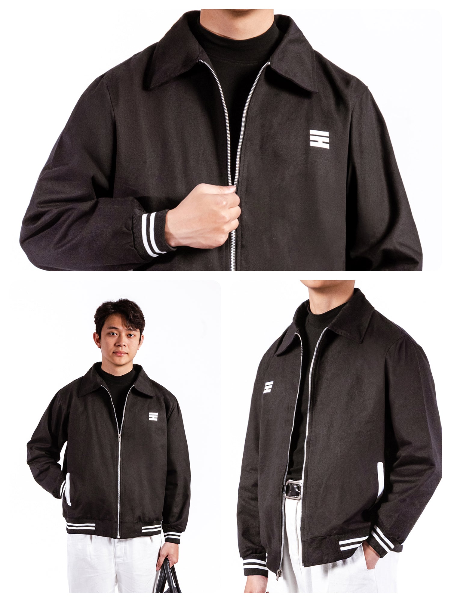 Black jacket with white logo worn by a person on a white background
