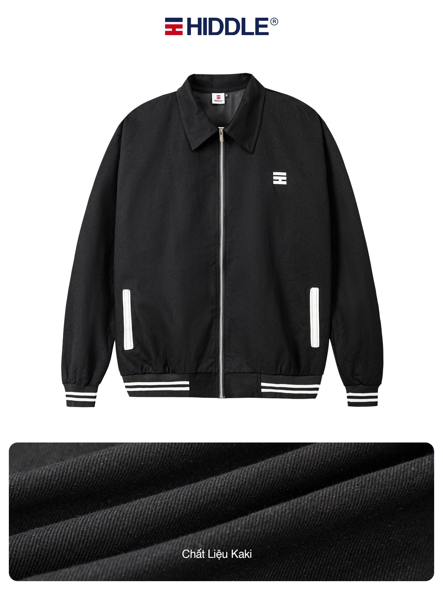 Black jacket with white accents on a white background, featuring the Hiddle brand.