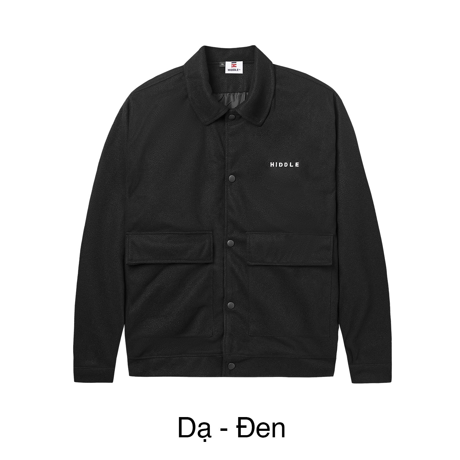 Black jacket with 'Hiddle' branding on a white background