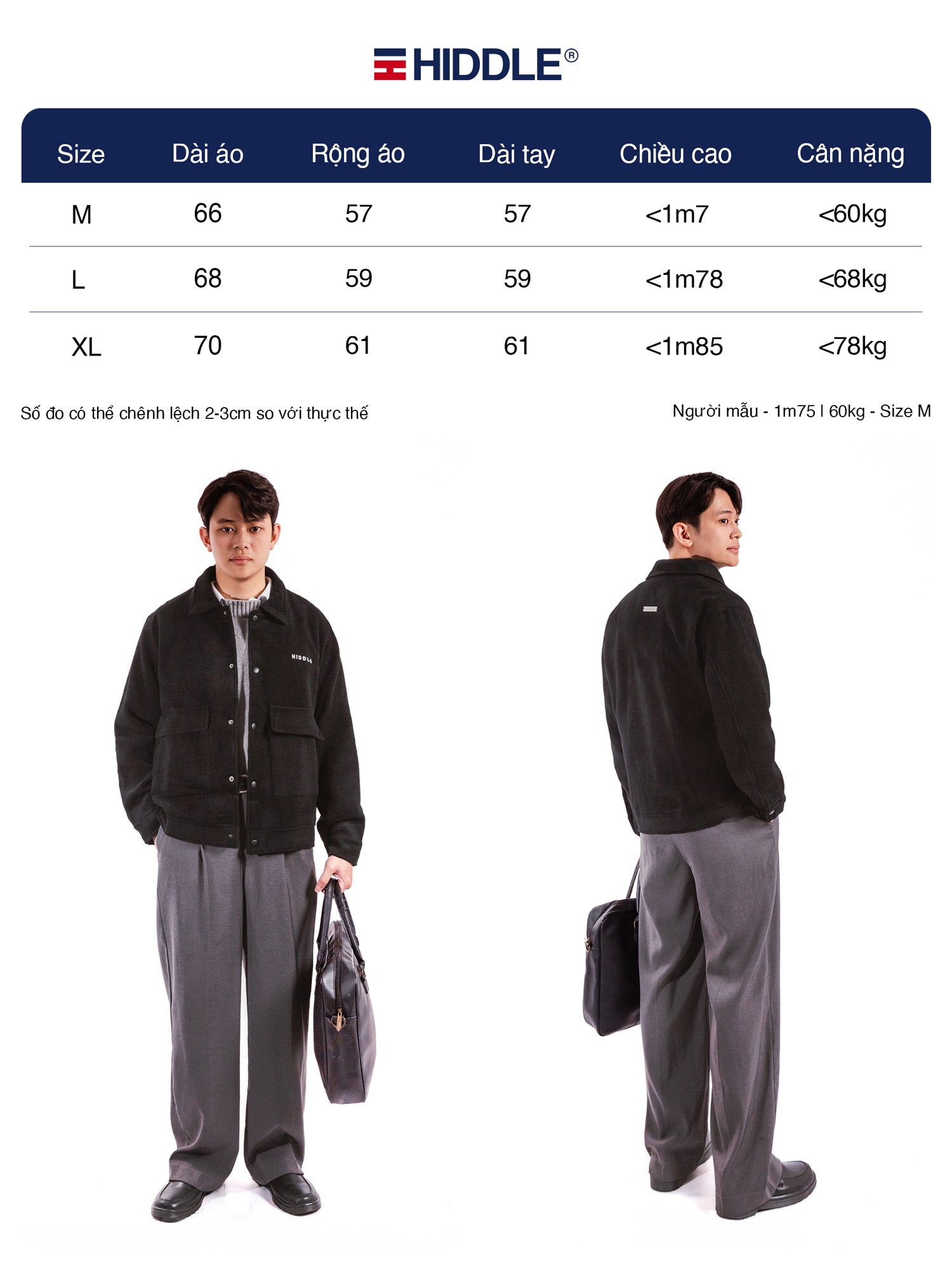 Hiddle clothing size chart with two models wearing black jackets and gray pants.