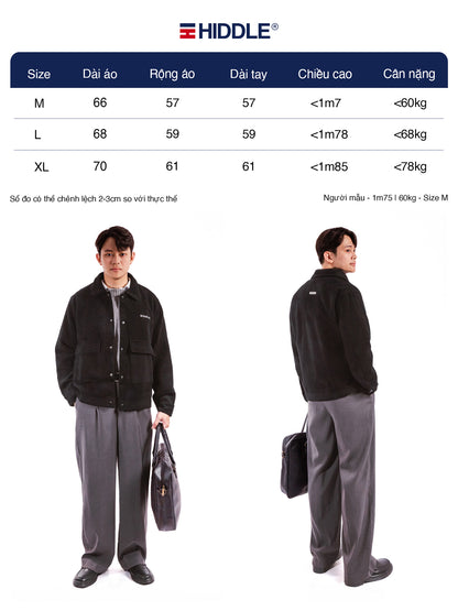Hiddle clothing size chart with two models wearing black jackets and gray pants.