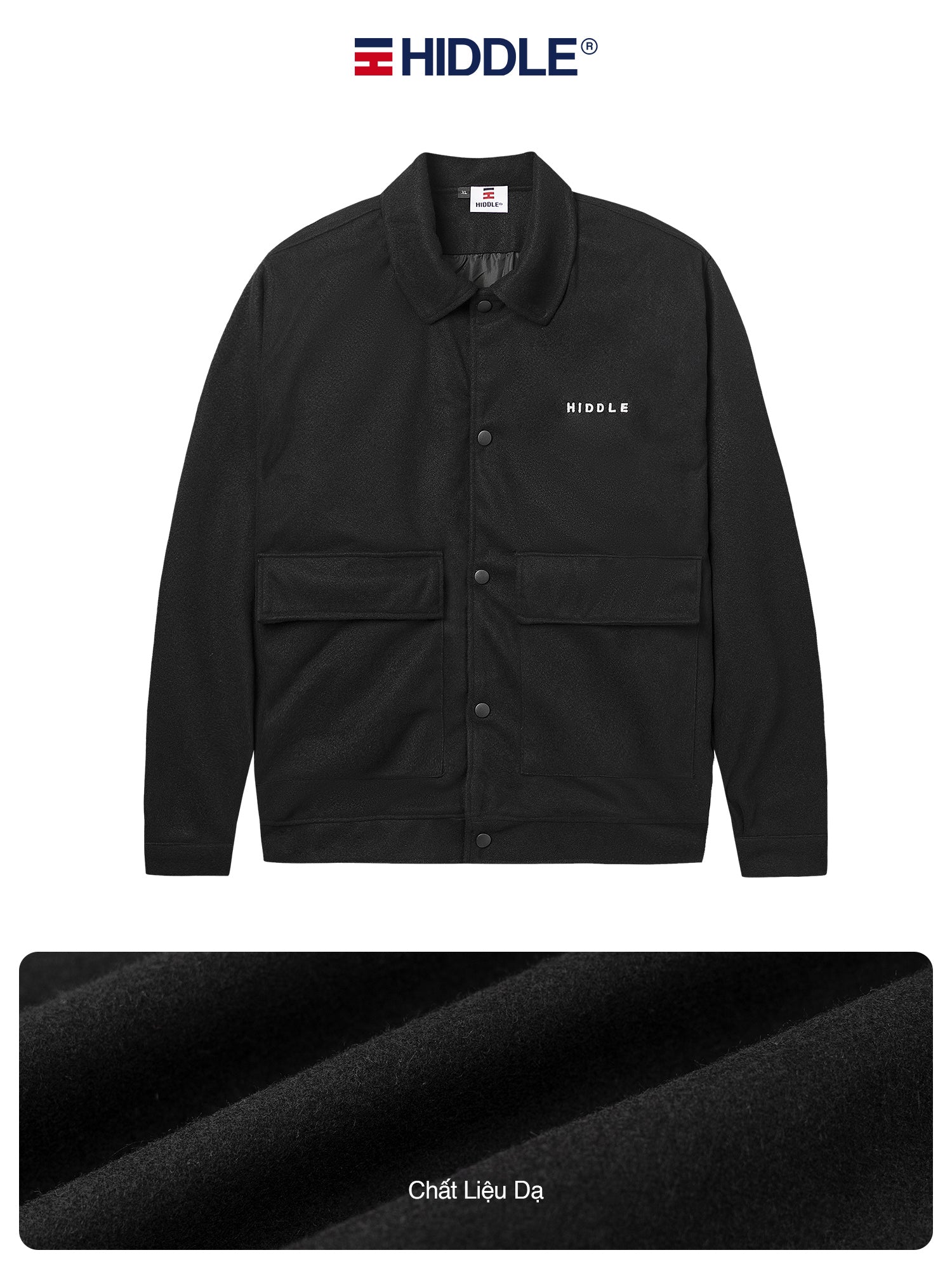 Black jacket with 'Hiddle' branding on a white background
