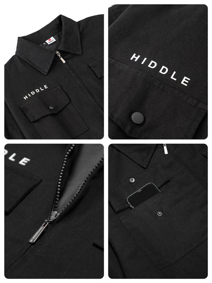 Black jacket with 'HIDDLE' branding on a white background