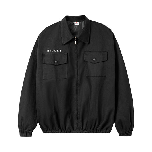 Black jacket with 'HIDDLE' branding on a white background