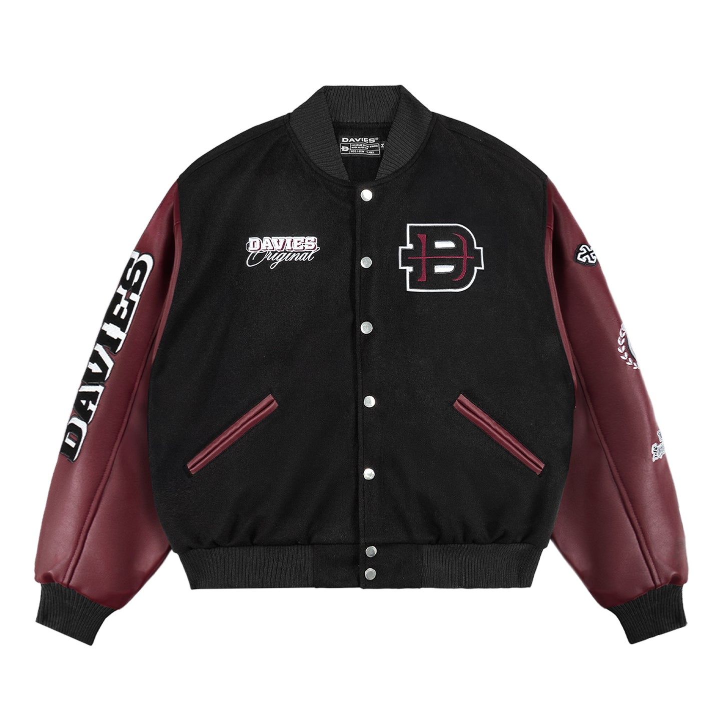 Black and maroon varsity jacket with brand logos on a white background
