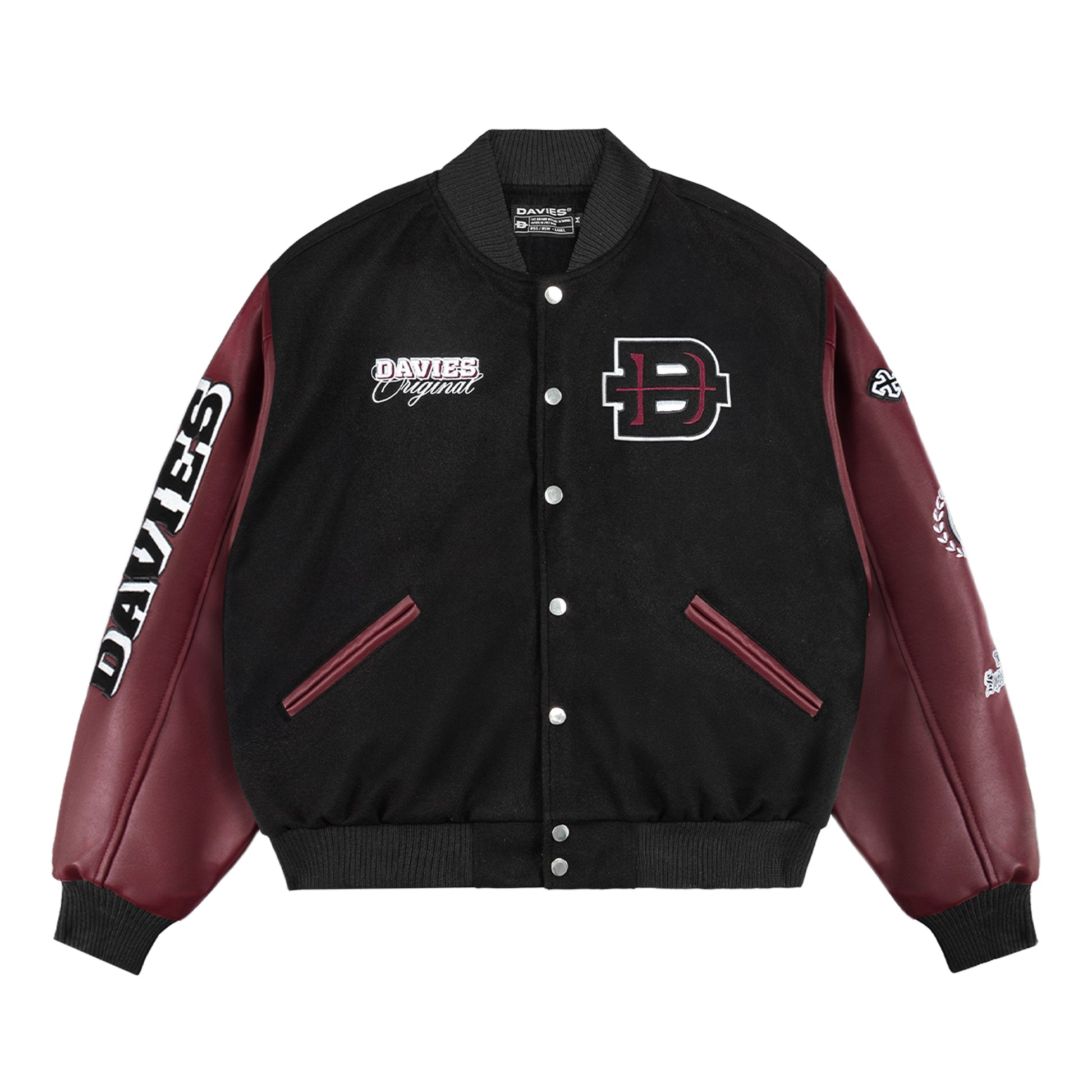 Black and maroon varsity jacket with brand logos on a white background