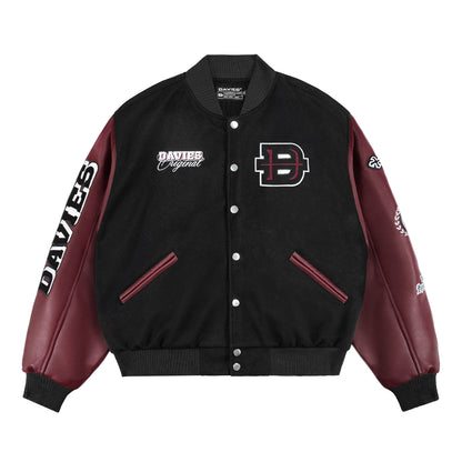 Black and maroon varsity jacket with brand logos on a white background