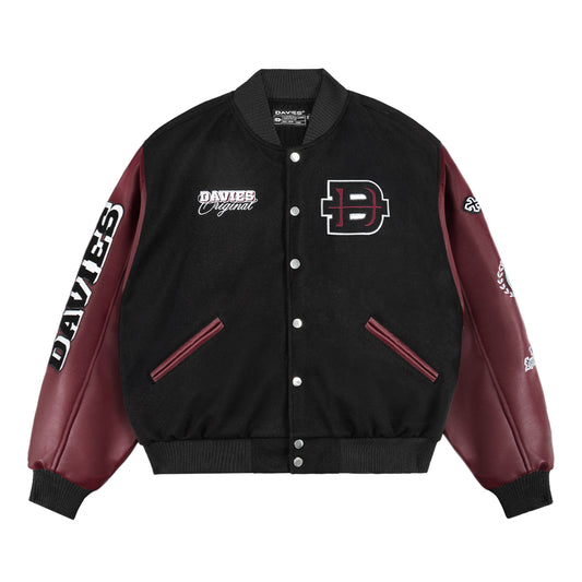 Black and maroon varsity jacket with brand logos on a white background