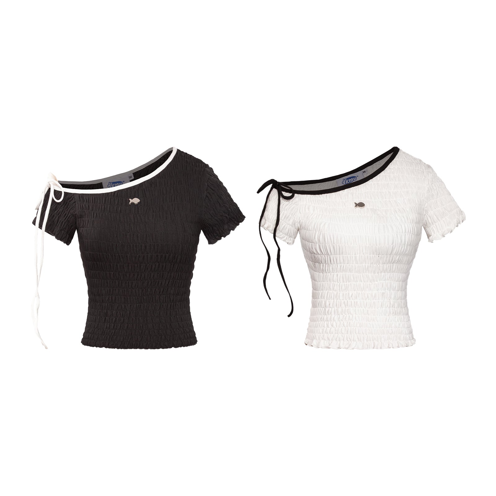 Black and white short-sleeve tops with unique cut-out shoulders on a white background