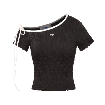 Black textured top with white trim on a white background