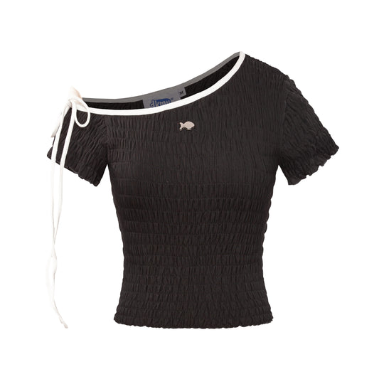 Black textured top with white trim on a white background