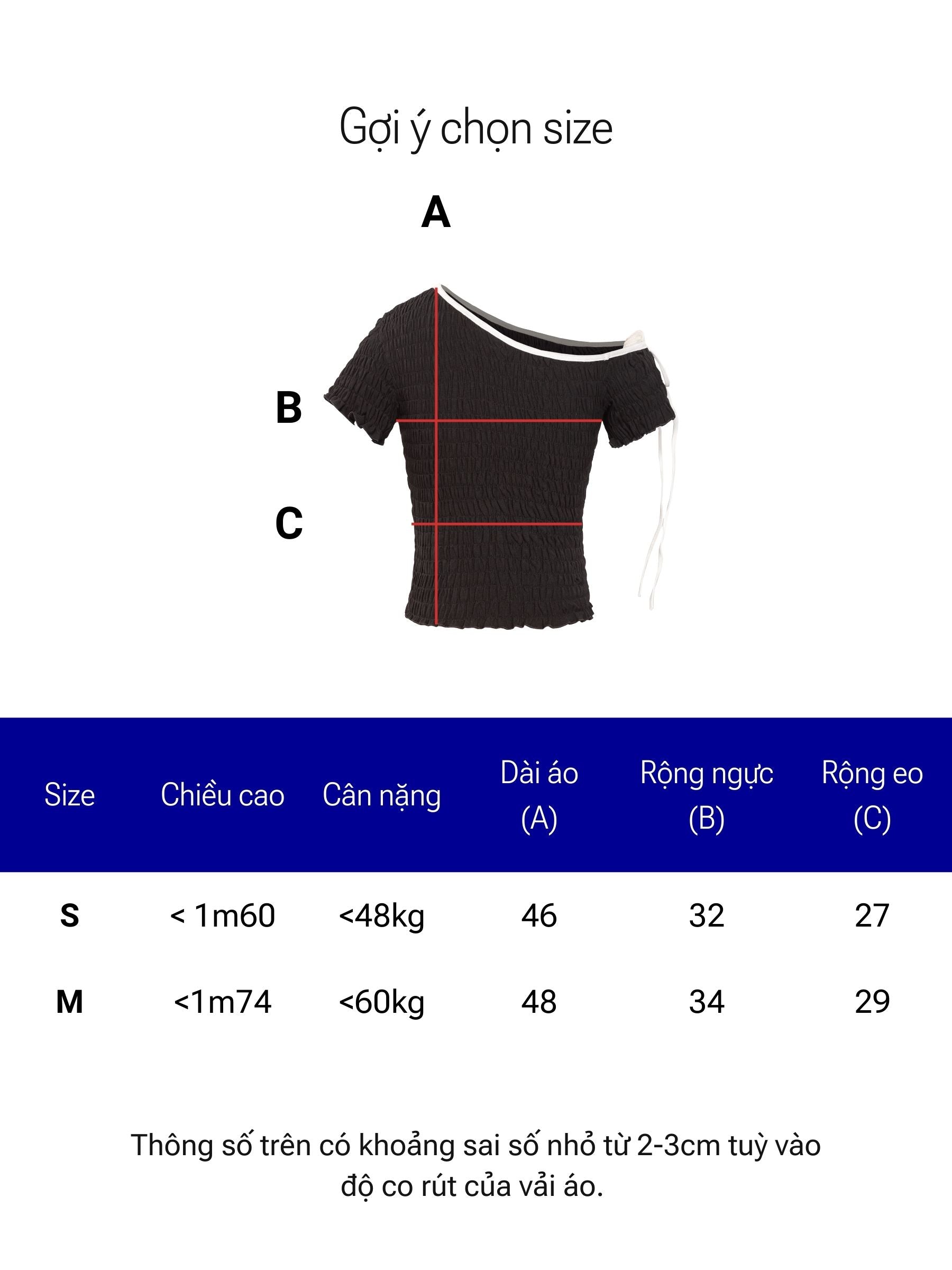 Size chart for a black off-shoulder top with measurements and size guide.