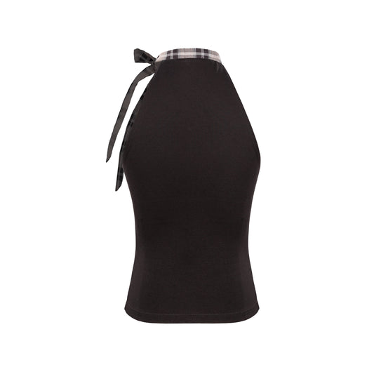 Black halter top with plaid trim on a white background