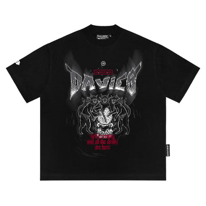 Black t-shirt with graphic design and text on a white background