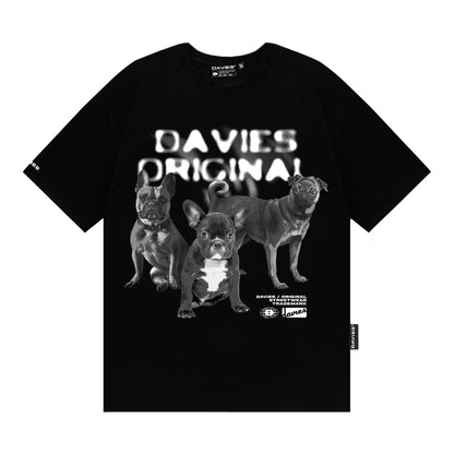 Black t-shirt with 'DAVIES ORIGINAL' text and dog graphics on a white background