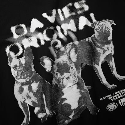 Black and white graphic of a dog with 'DAVIES ORIGINAL' text on a black background