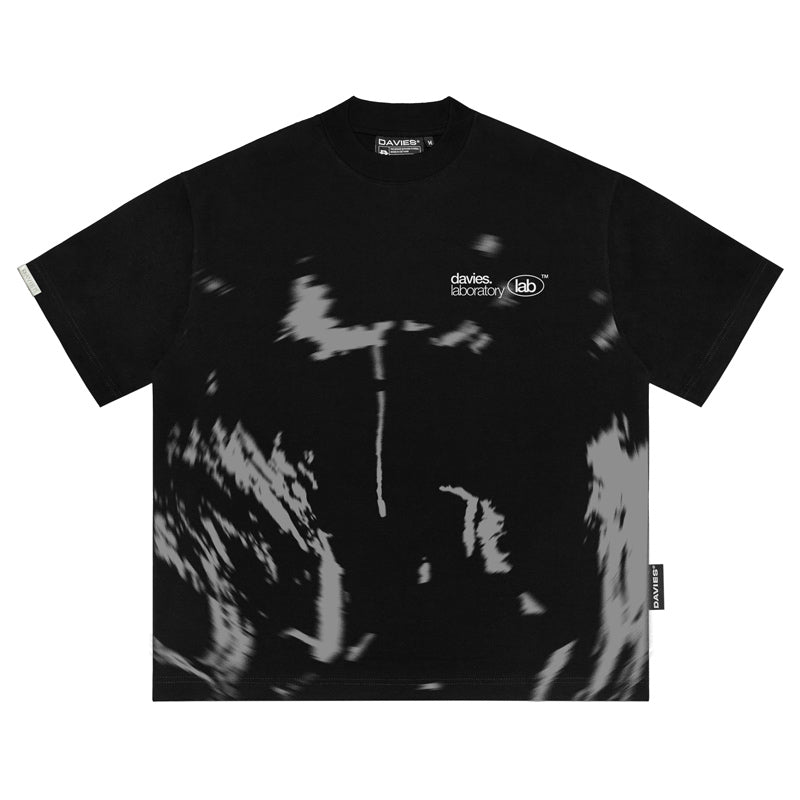Black t-shirt with a logo on a white background