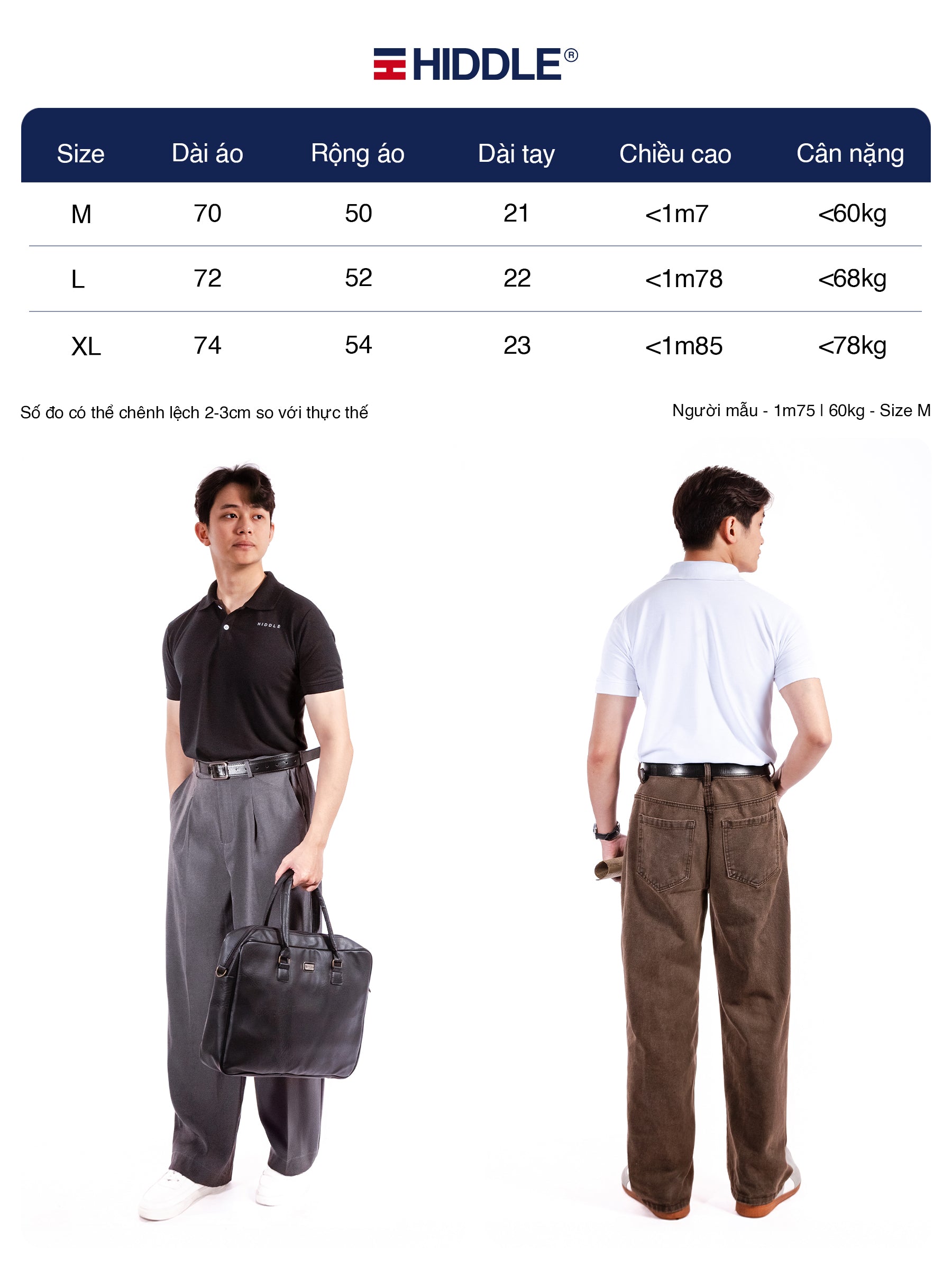 Size chart for pants with two models wearing different styles of pants and a briefcase.