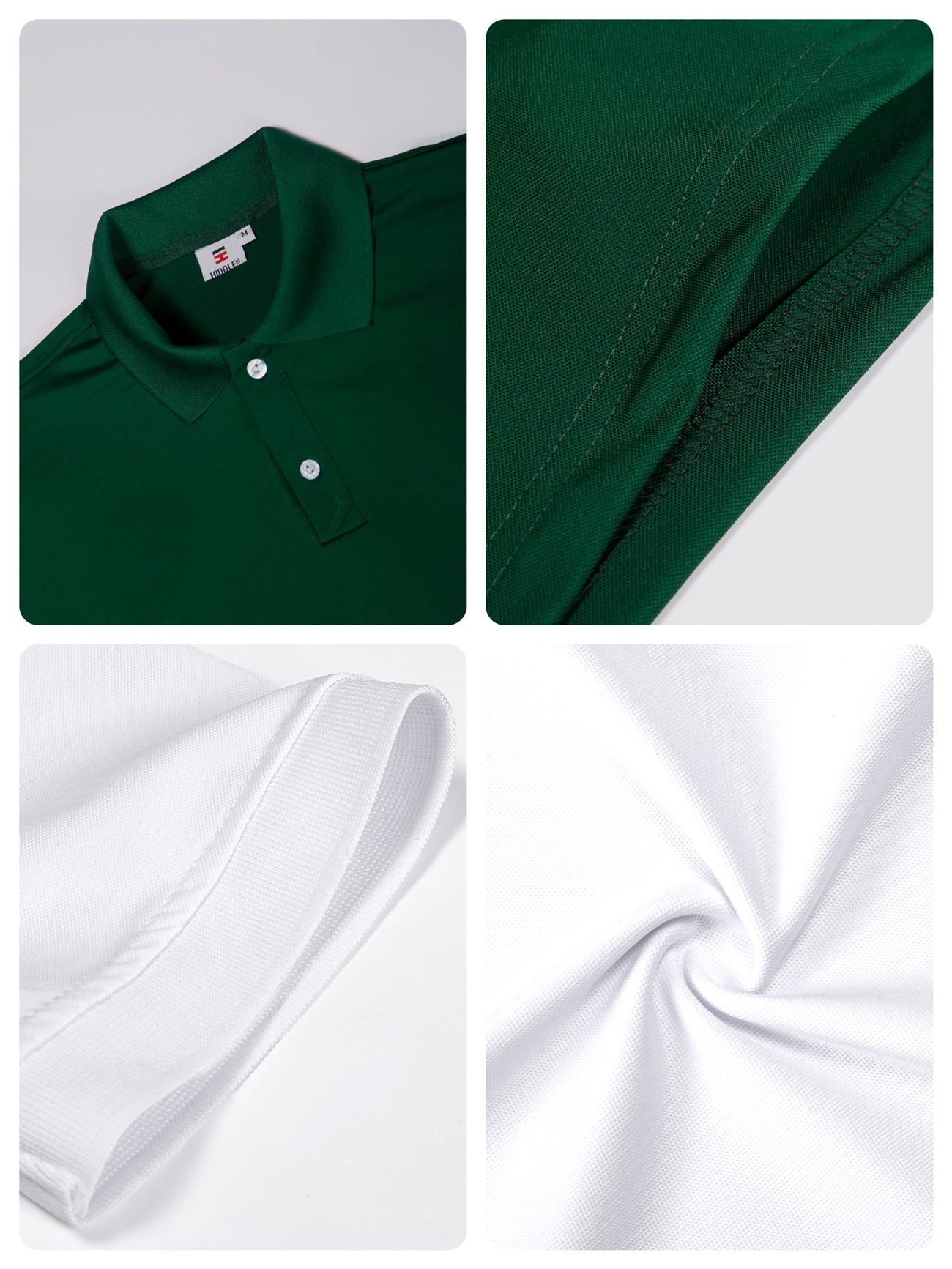 Collage of a green polo shirt with close-up details on fabric texture and collar.
