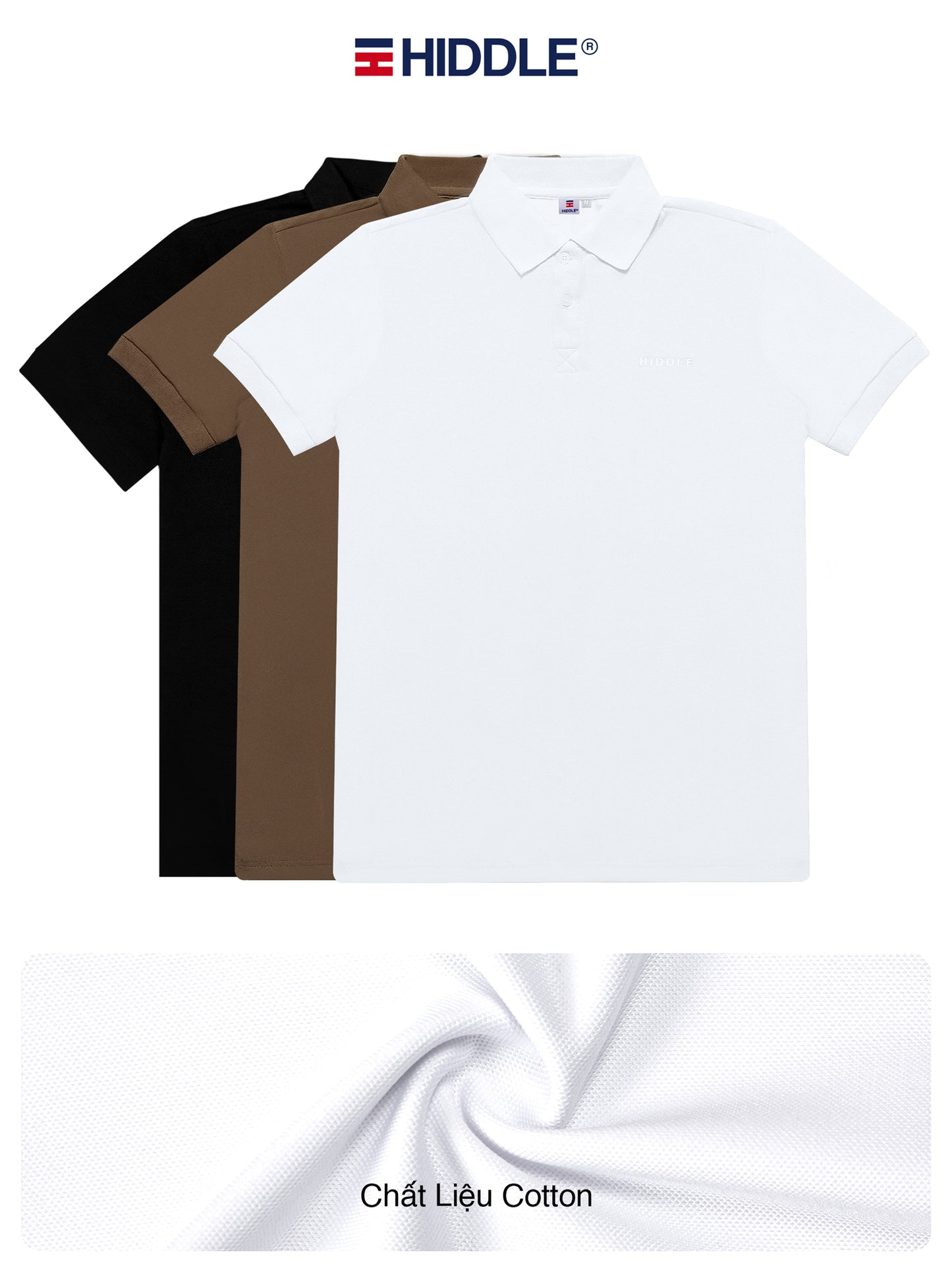 Three polo shirts in black, brown, and white with Hiddle branding on a white background.