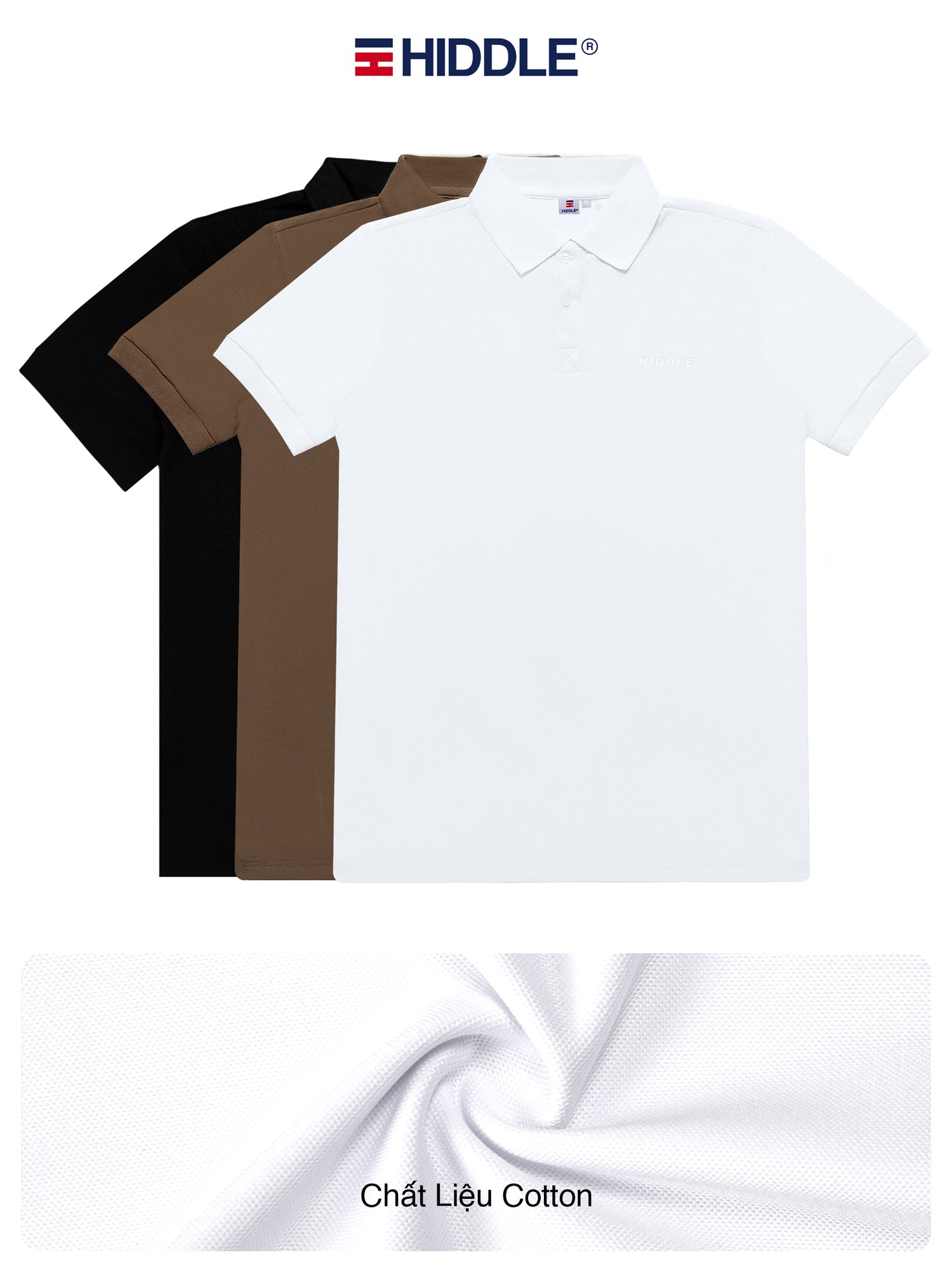 Three polo shirts in black, brown, and white with Hiddle branding on a white background.