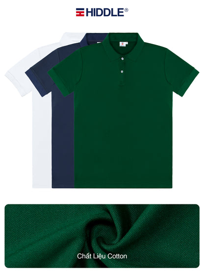 Green polo shirt with Hiddle branding and fabric swatch at the bottom.