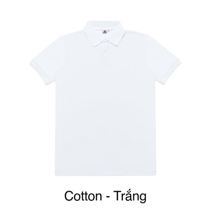 White polo shirt on a white background with 'Cotton - Trắng' text.