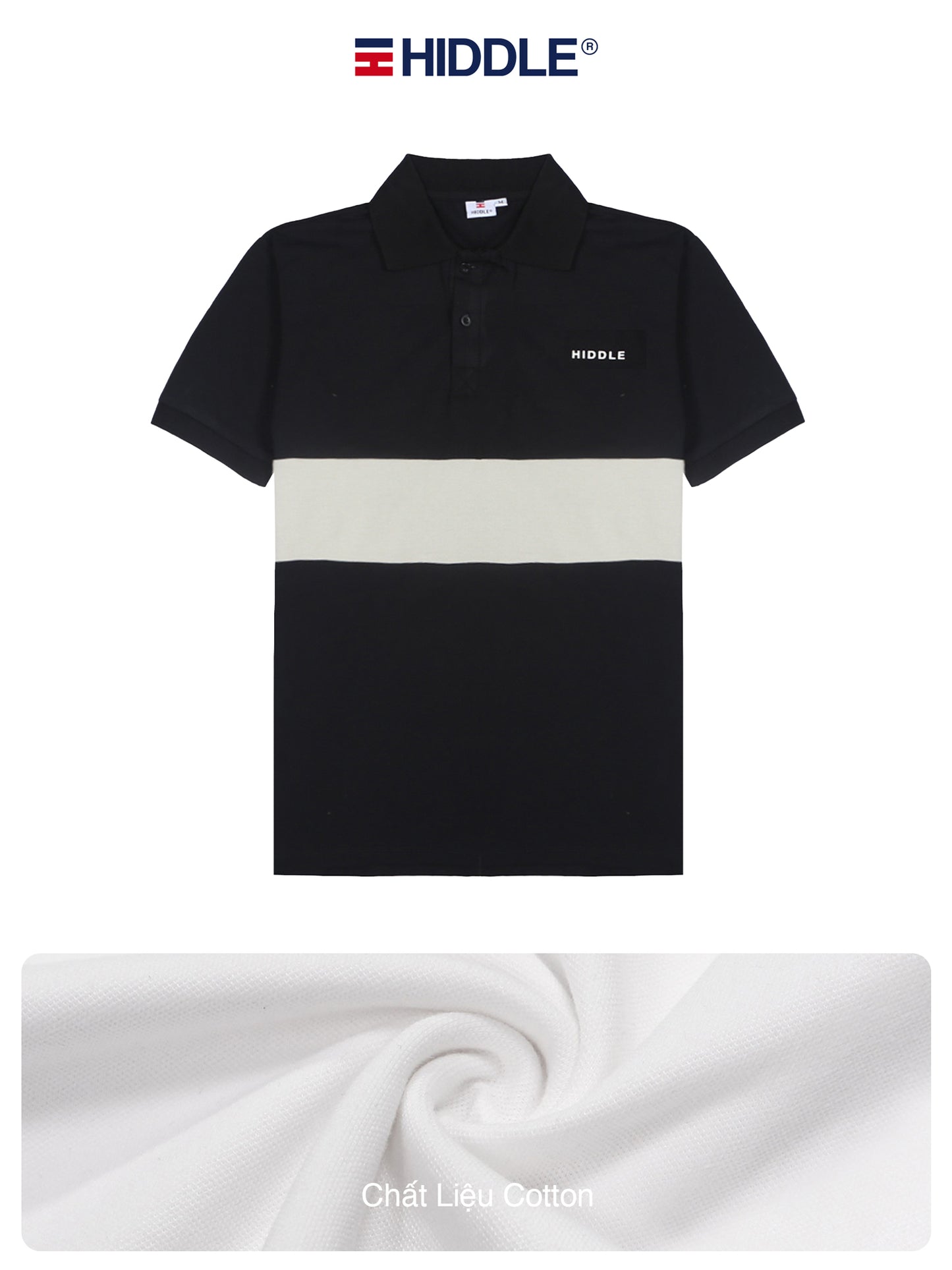Black and white polo shirt with Hiddle branding on a white background