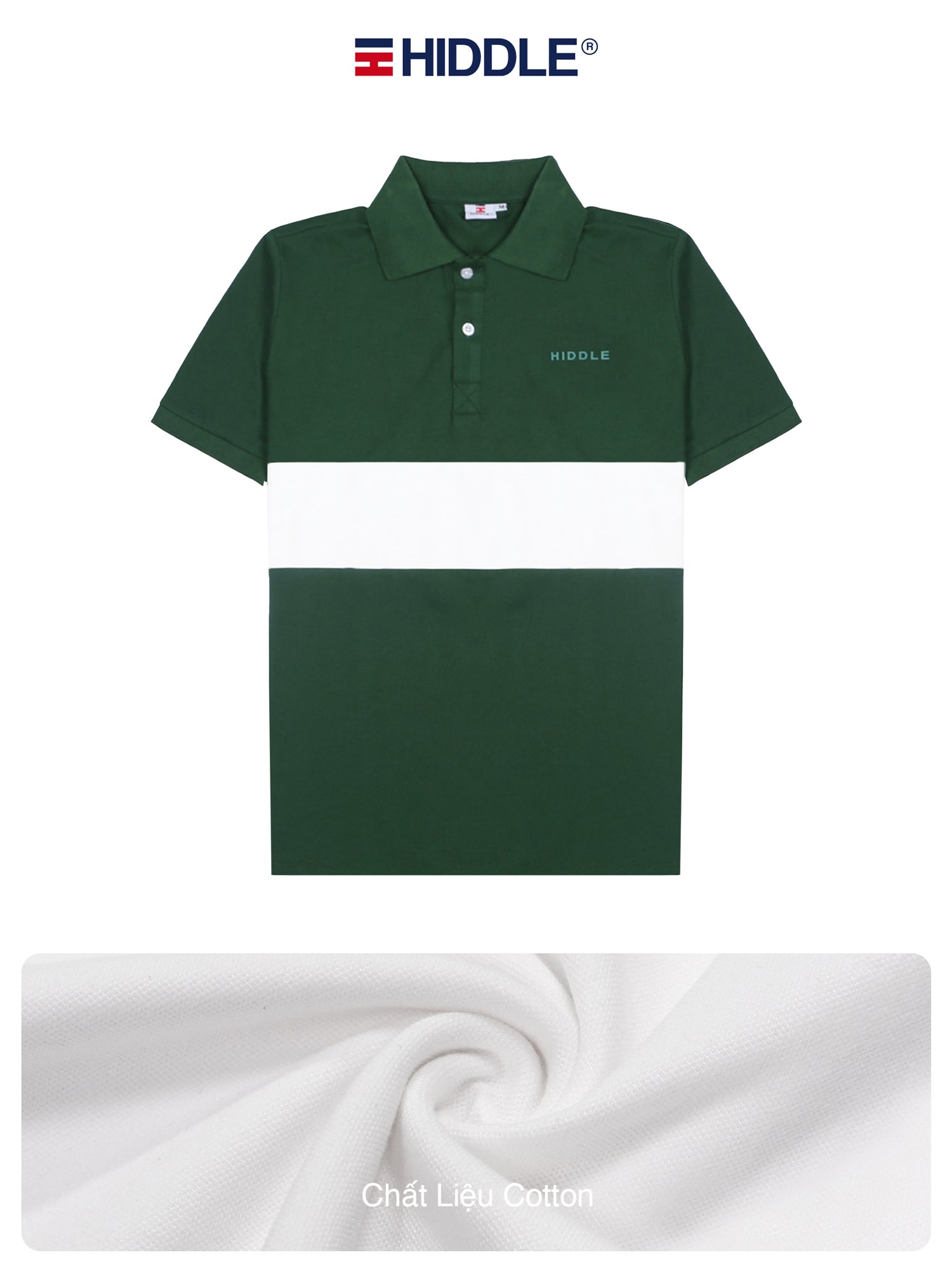 Green polo shirt with 'Hiddle' branding on a white background