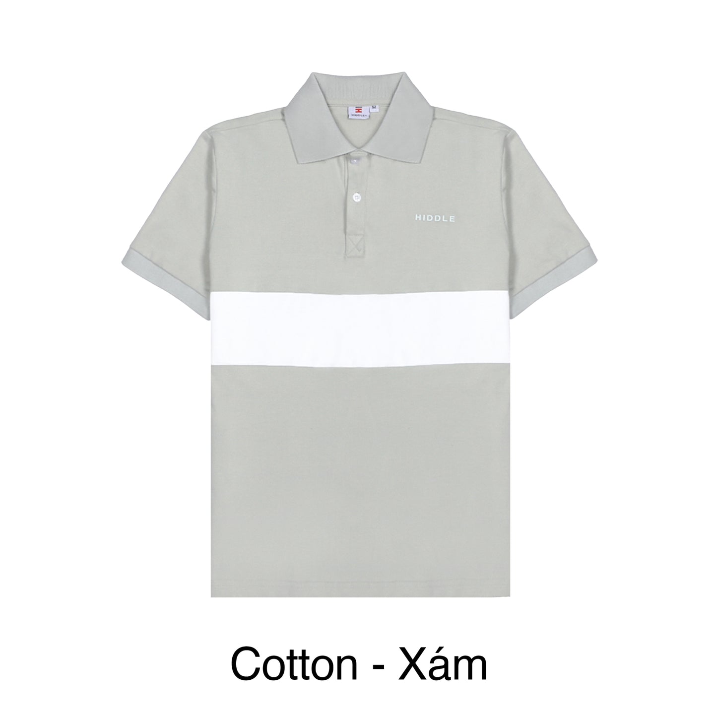 Two-tone gray and white polo shirt with a brand logo on a white background